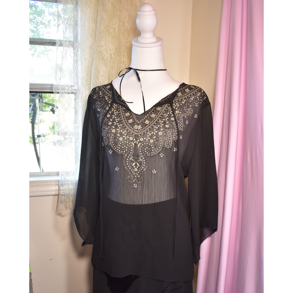 Brittany Black Embroidered Peasant Top Black Sheer Boho Blouse NWT